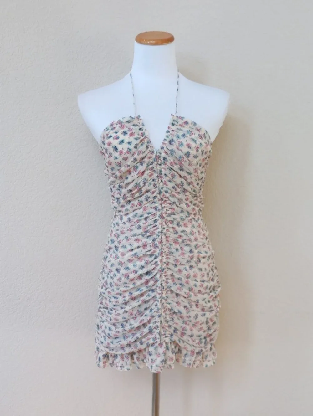Zara cream ruched halter mini dress with subtle floral and metallic accents